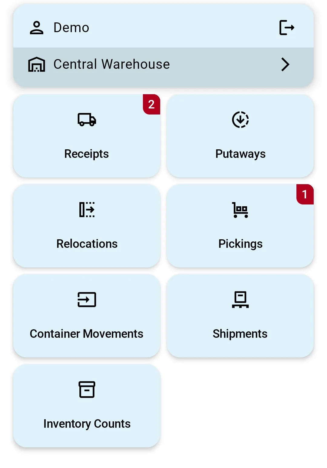 ТЗД home screen at Central Warehouse — a full-access user sees every operation