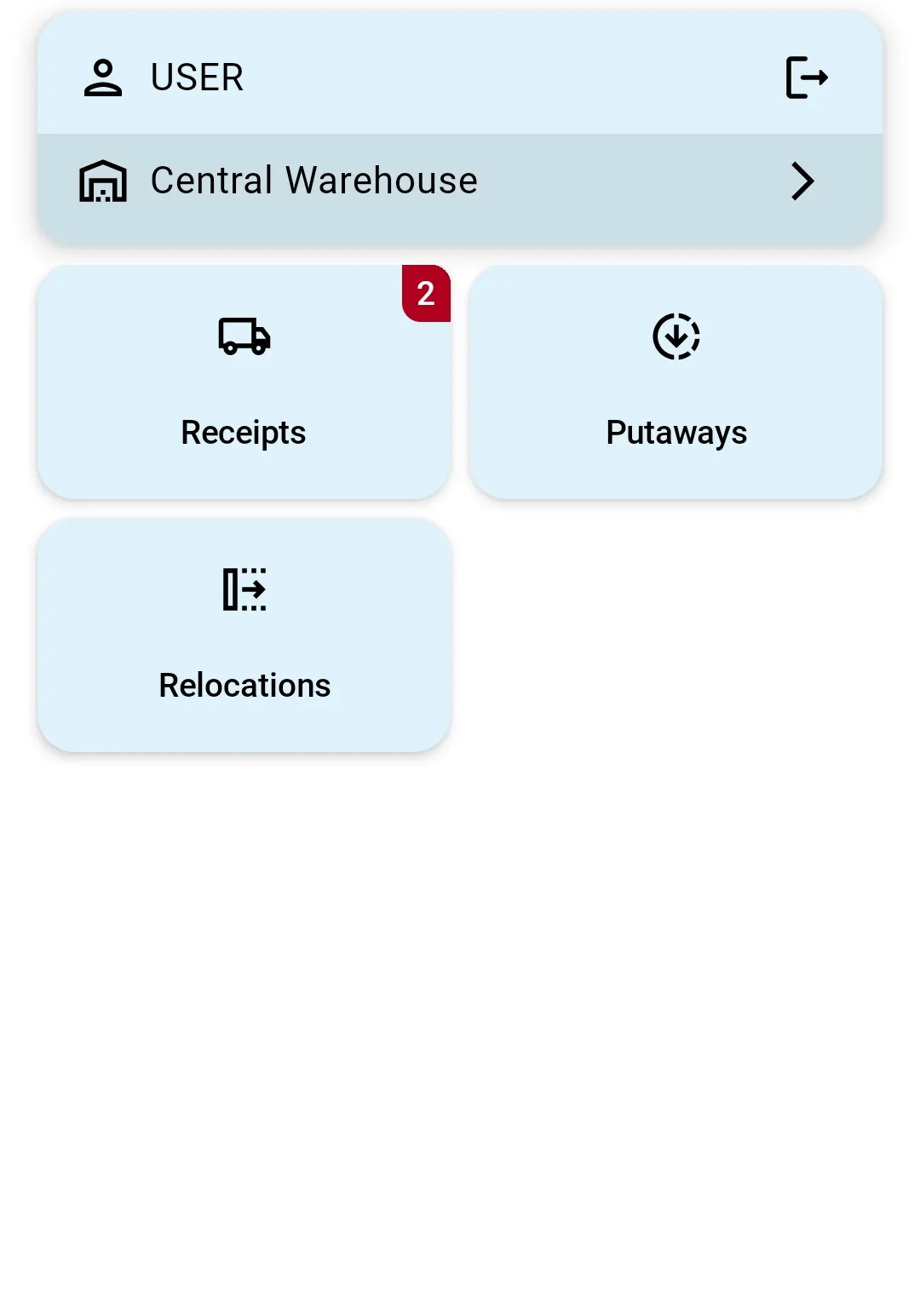 ТЗД home screen at the same warehouse — a restricted user sees only the operations their access groups allow