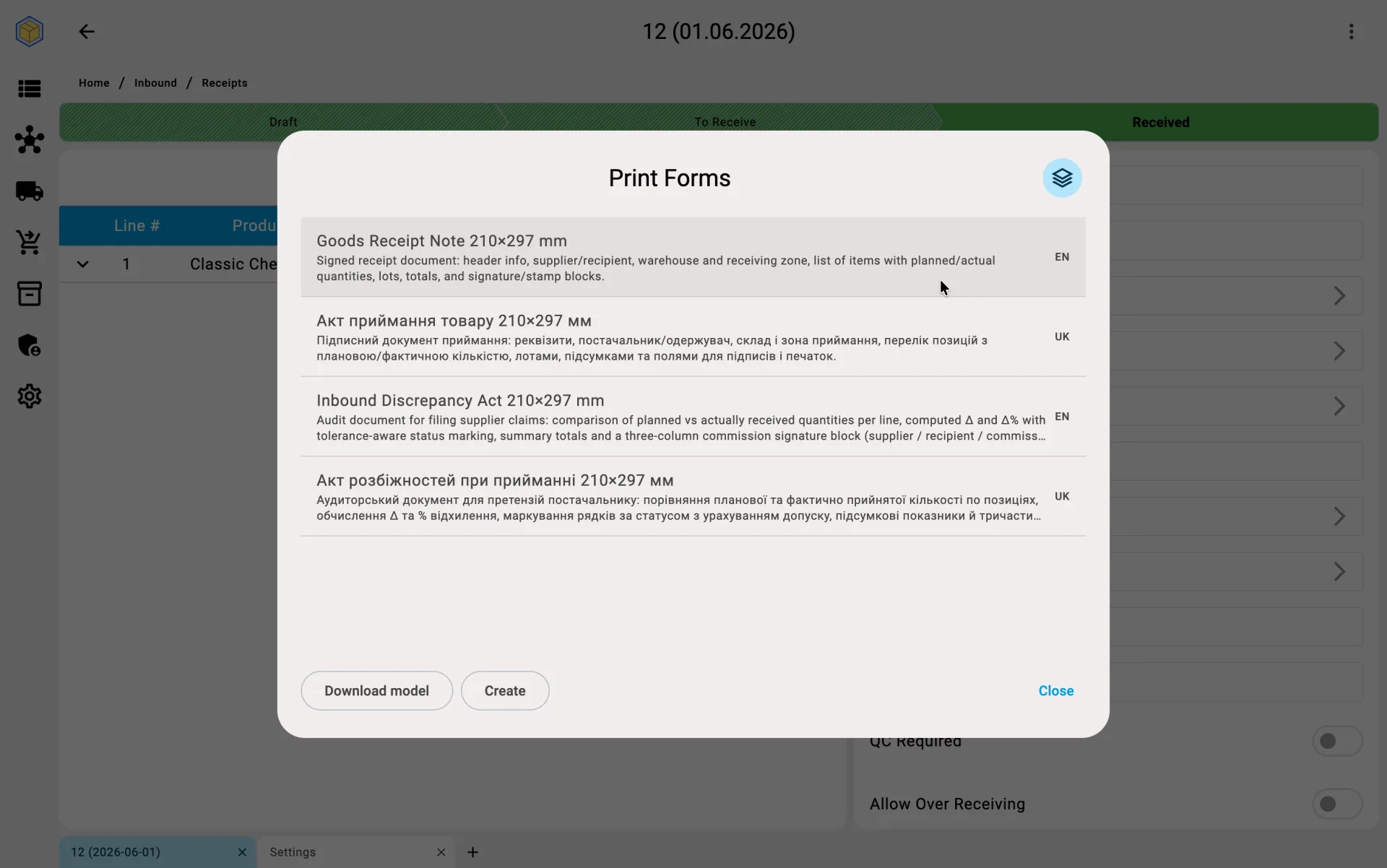 Print forms — receipt document pack