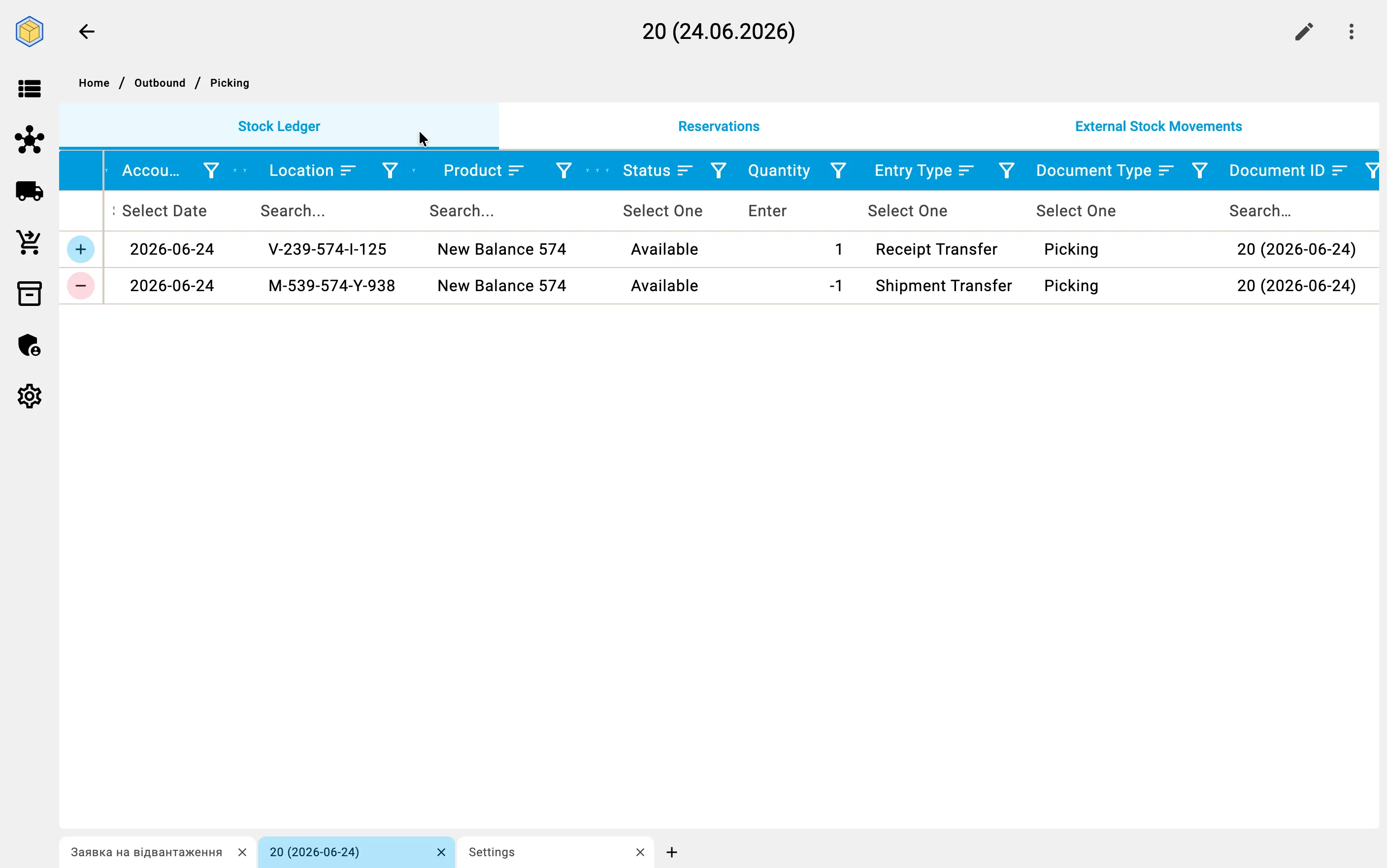 Stock ledger — the picked unit stays in the external location as Available stock