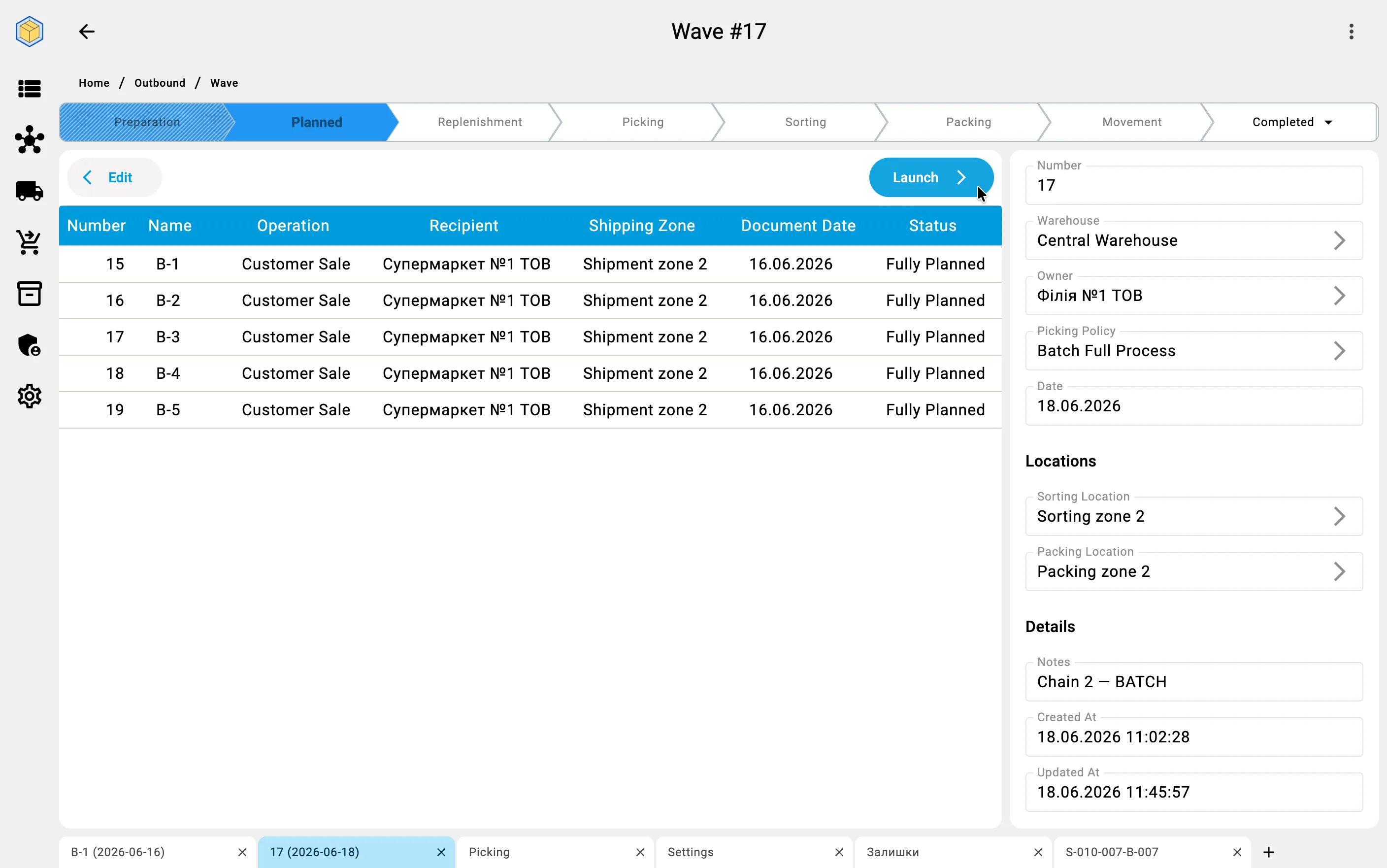 Several orders planned together in a batch wave