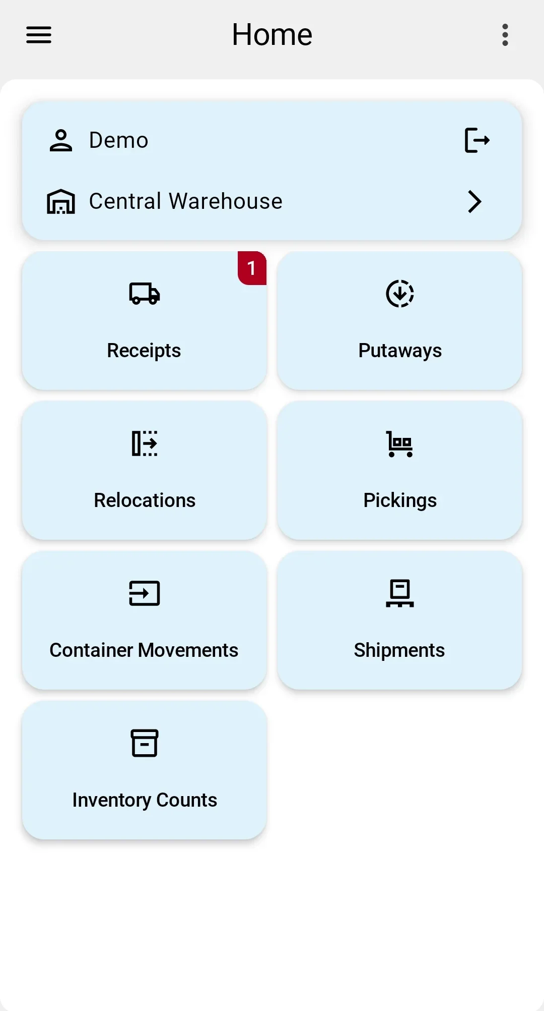 PDT home screen — tile grid with the Receipts module