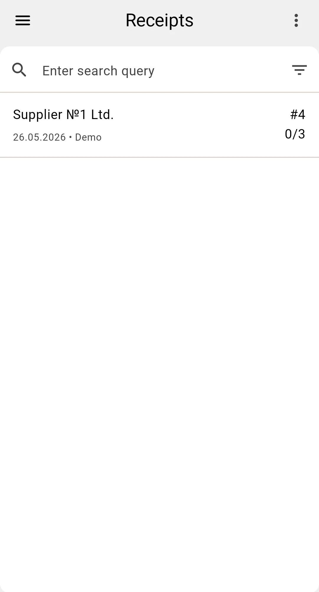 Receipts list — the operator taps the Receipts tile and lands on the list of assigned documents
