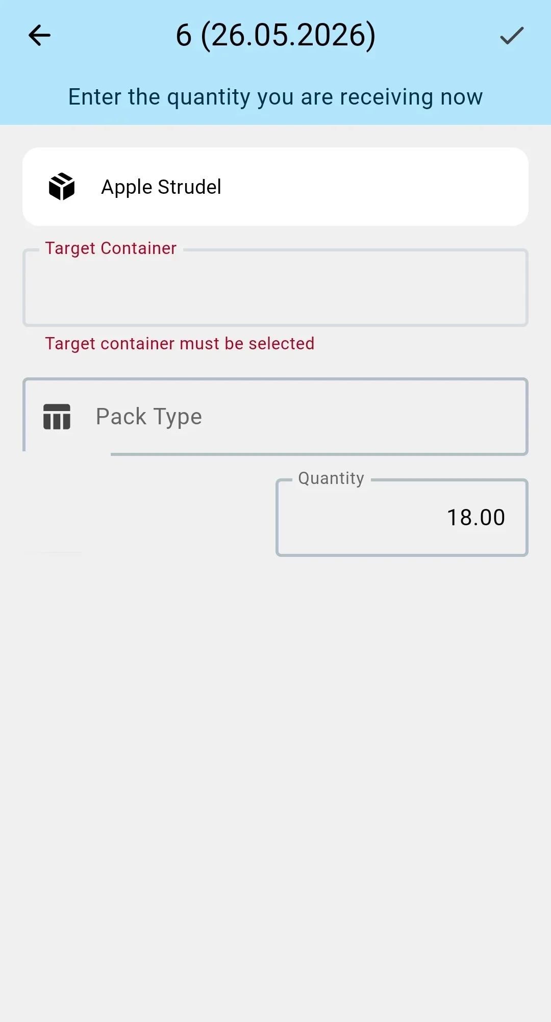 Fact form for an item — required Target Container highlighted in red until the operator picks one