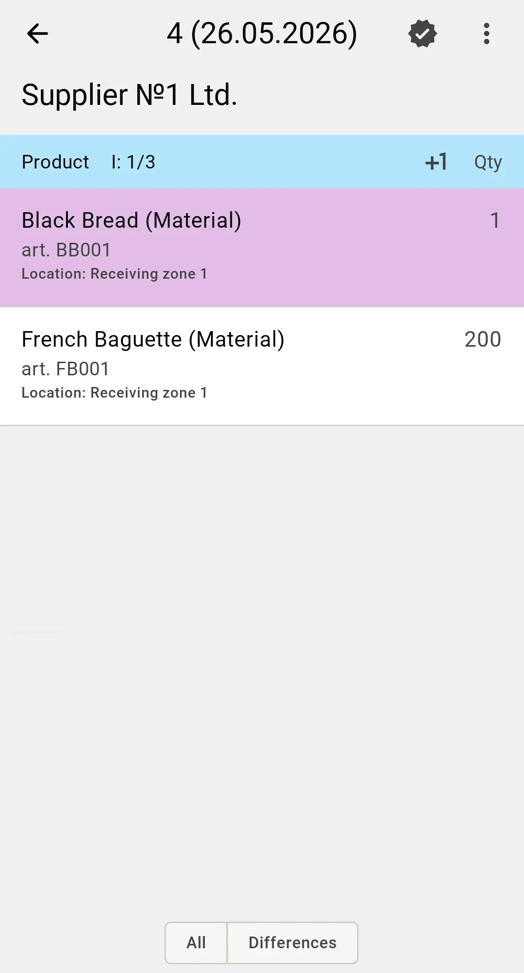 Line list — a partially received row shown in a distinct highlight colour