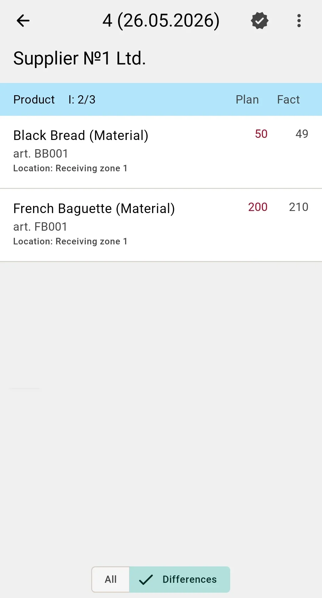 Same screen with Differences tab active — only the lines with discrepancies are listed