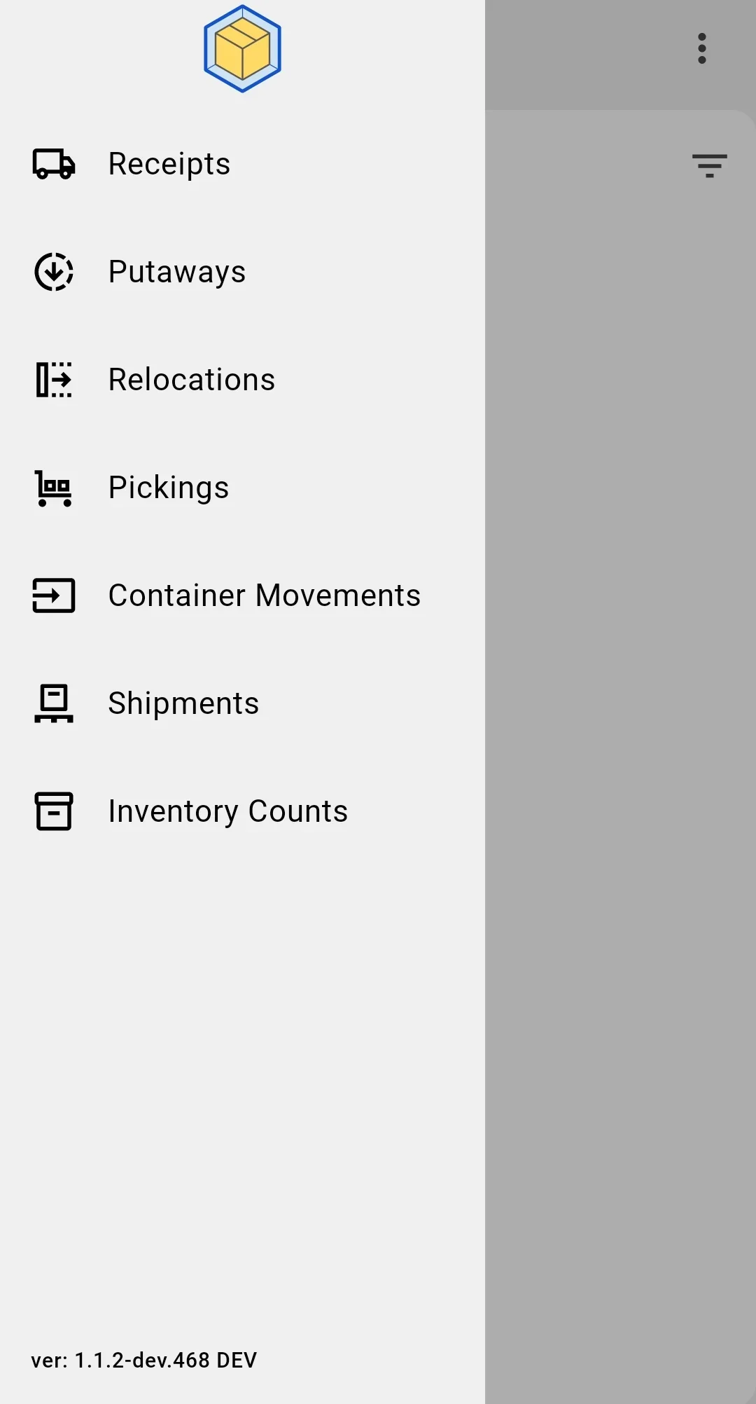 Side-drawer menu — returning to Receipts to pick up the next document