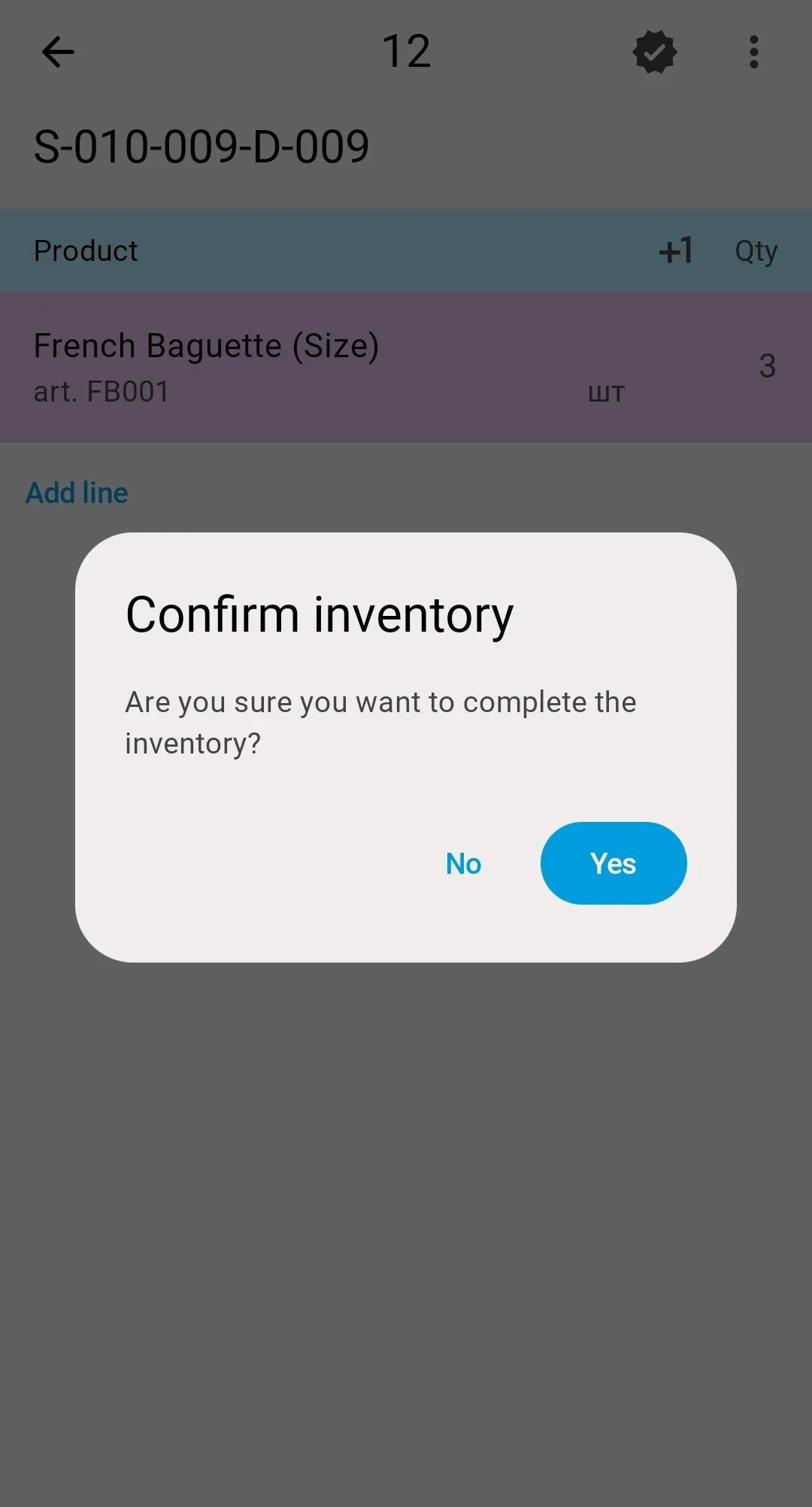 The single Confirm inventory question — Yes closes the count for good