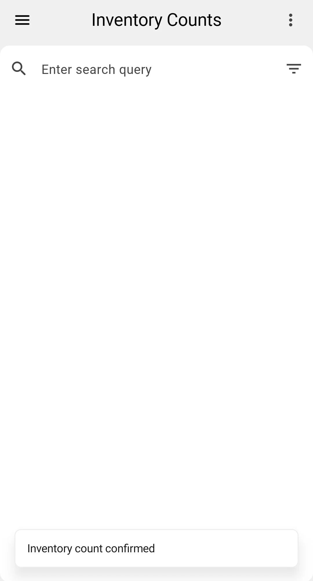 The list is empty — the Inventory count confirmed message
