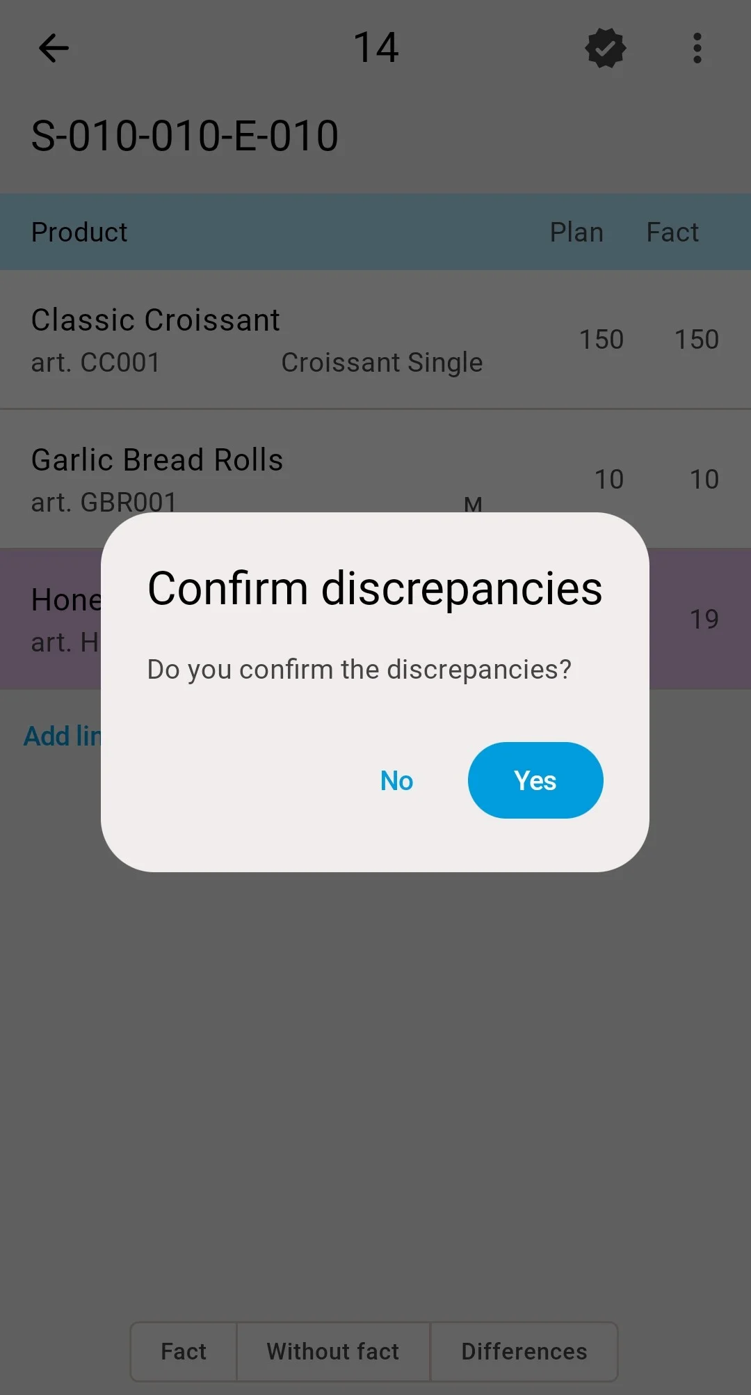 Confirm discrepancies — only the operator-edited line is left to review