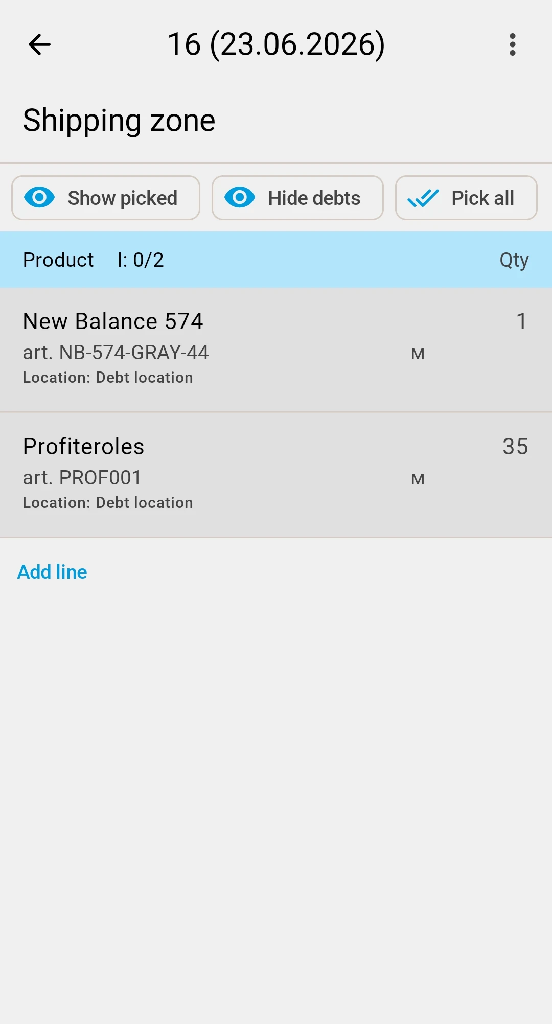 A task with two debt-location lines and the Hide debts filter