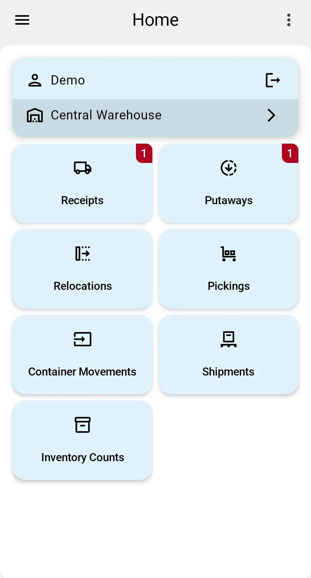 PDT home screen — module tiles