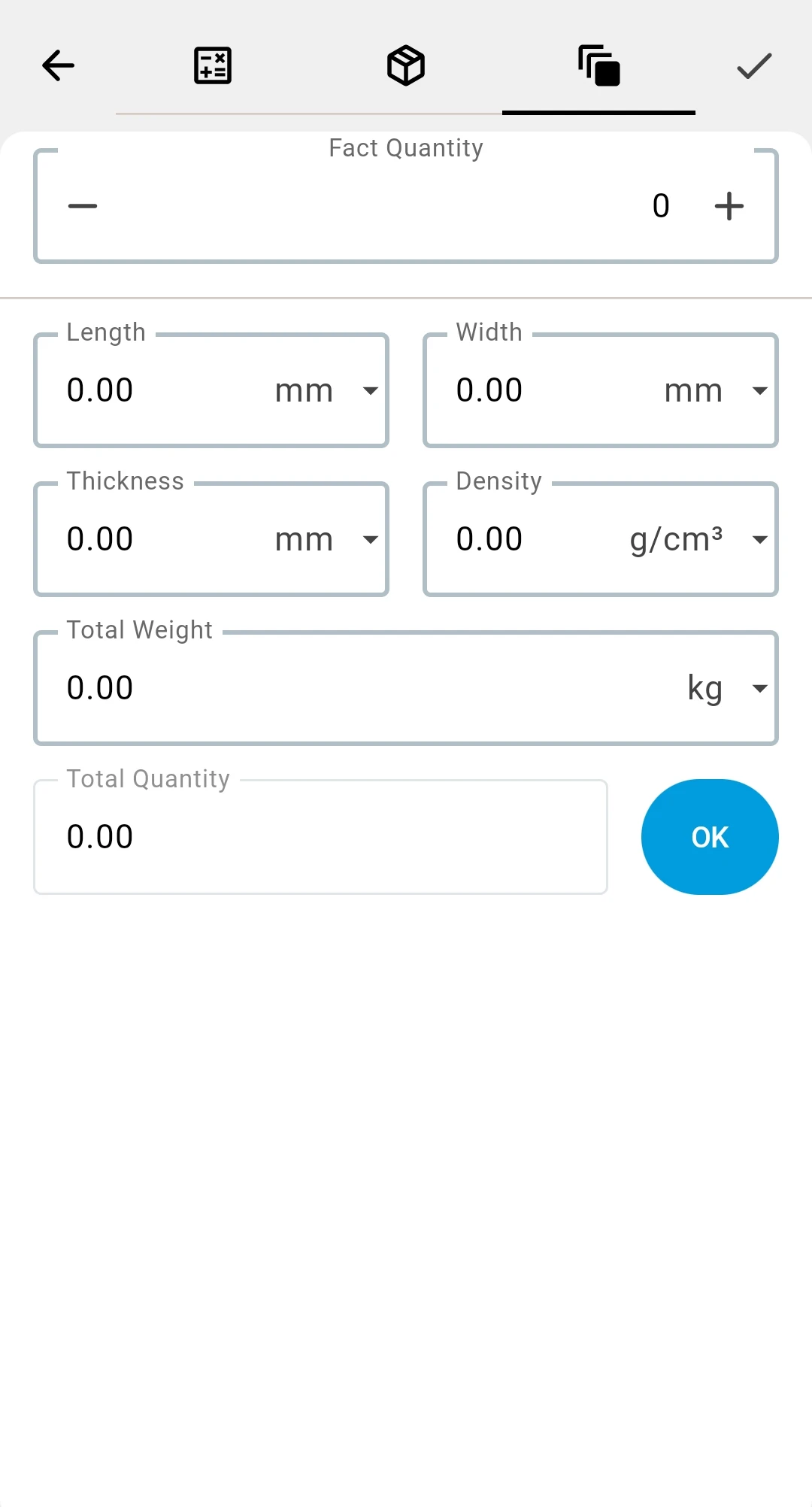 Calculator — the From dimensions tab with length, width, thickness and density fields